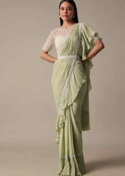Graceful Green Pre Drape Saree With Ready Made Blouse