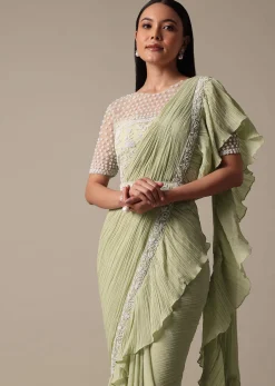 Graceful Green Pre Drape Saree With Ready Made Blouse