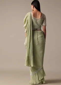 Graceful Green Pre Drape Saree With Ready Made Blouse