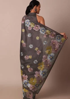 Graceful Grey Saree With Exquisite Thread Resham Work