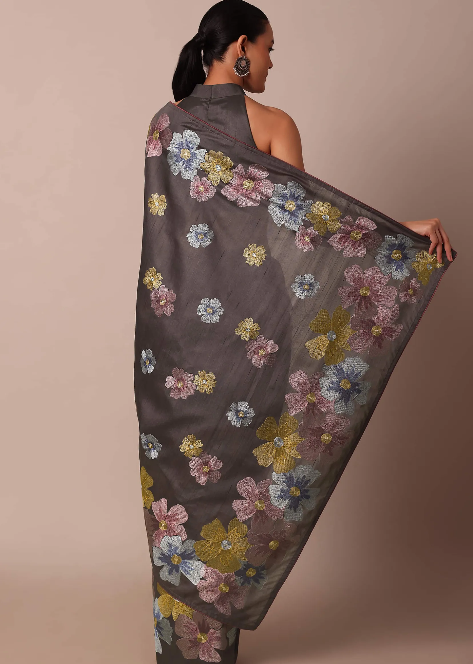 Graceful Grey Saree With Exquisite Thread Resham Work
