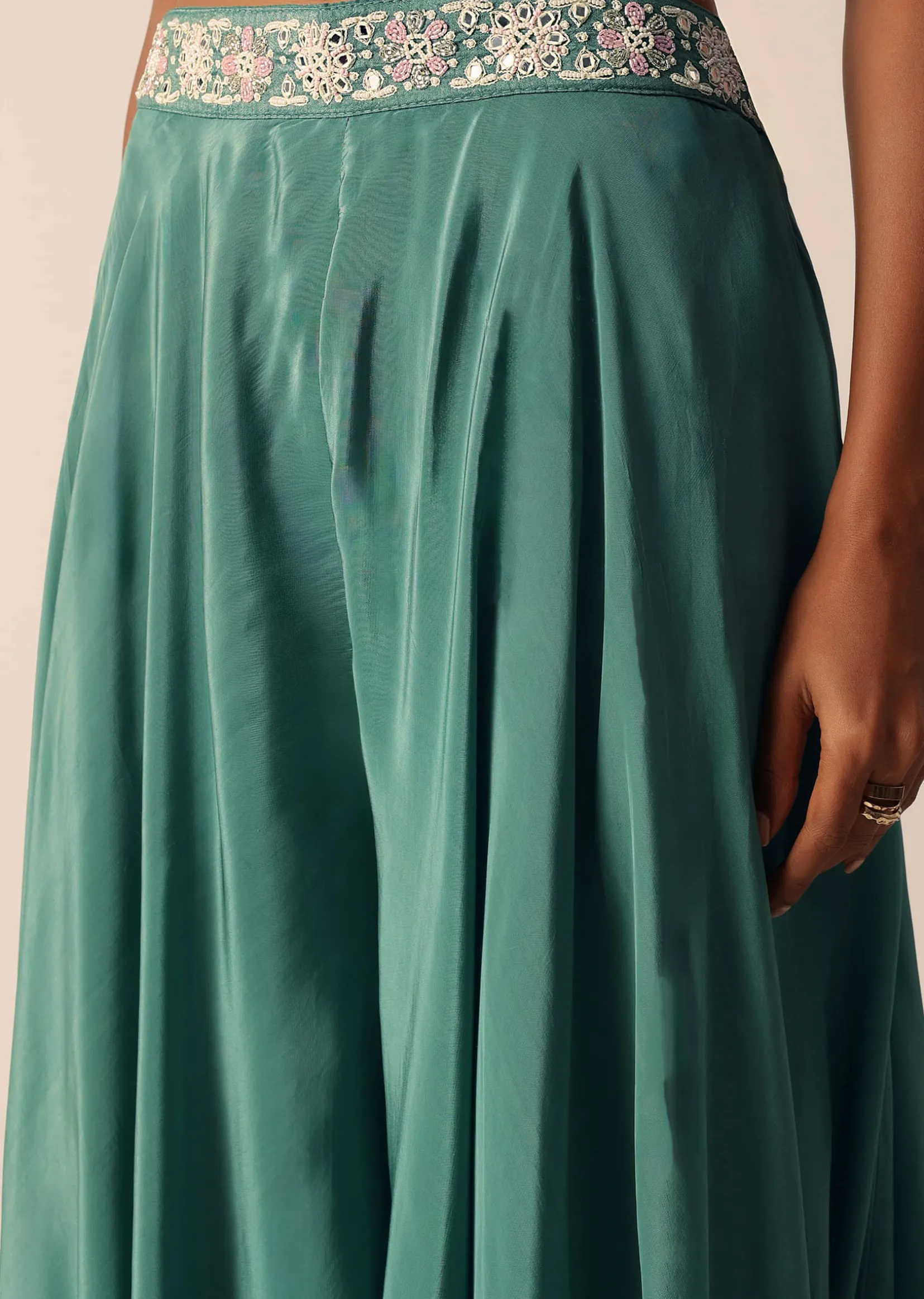 Green Art Silk Palazzo Set With Mirror Work
