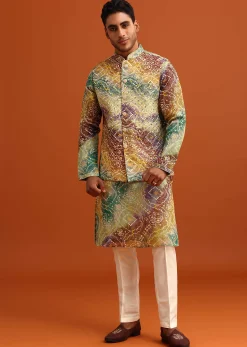 Green Bandhani Print Jacket Kurta Set In Georgette