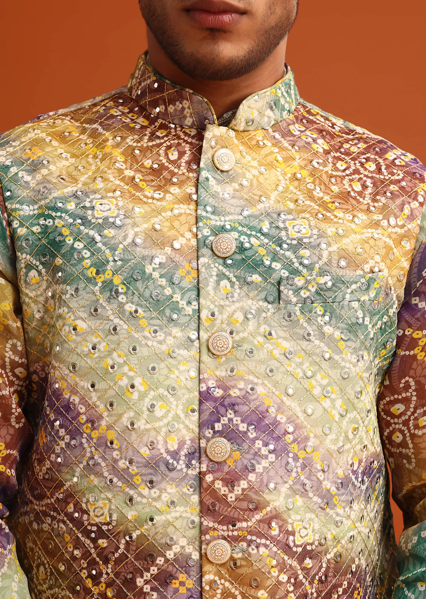 Green Bandhani Print Jacket Kurta Set In Georgette