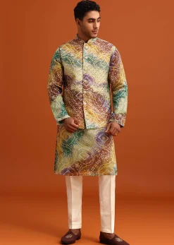 Green Bandhani Print Jacket Kurta Set In Georgette