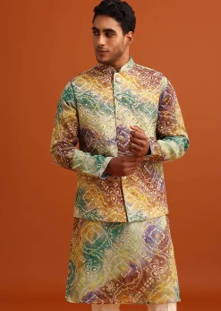 Green Bandhani Print Jacket Kurta Set In Georgette