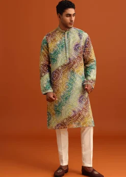 Green Bandhani Print Jacket Kurta Set In Georgette