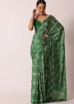 Green Bandhani Silk Saree With Gota Work And Unstitched Blouse Piece