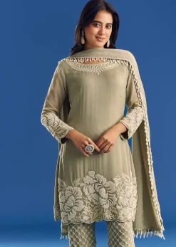 Green Beaded Kurta Pant Set With Dupatta In Georgette