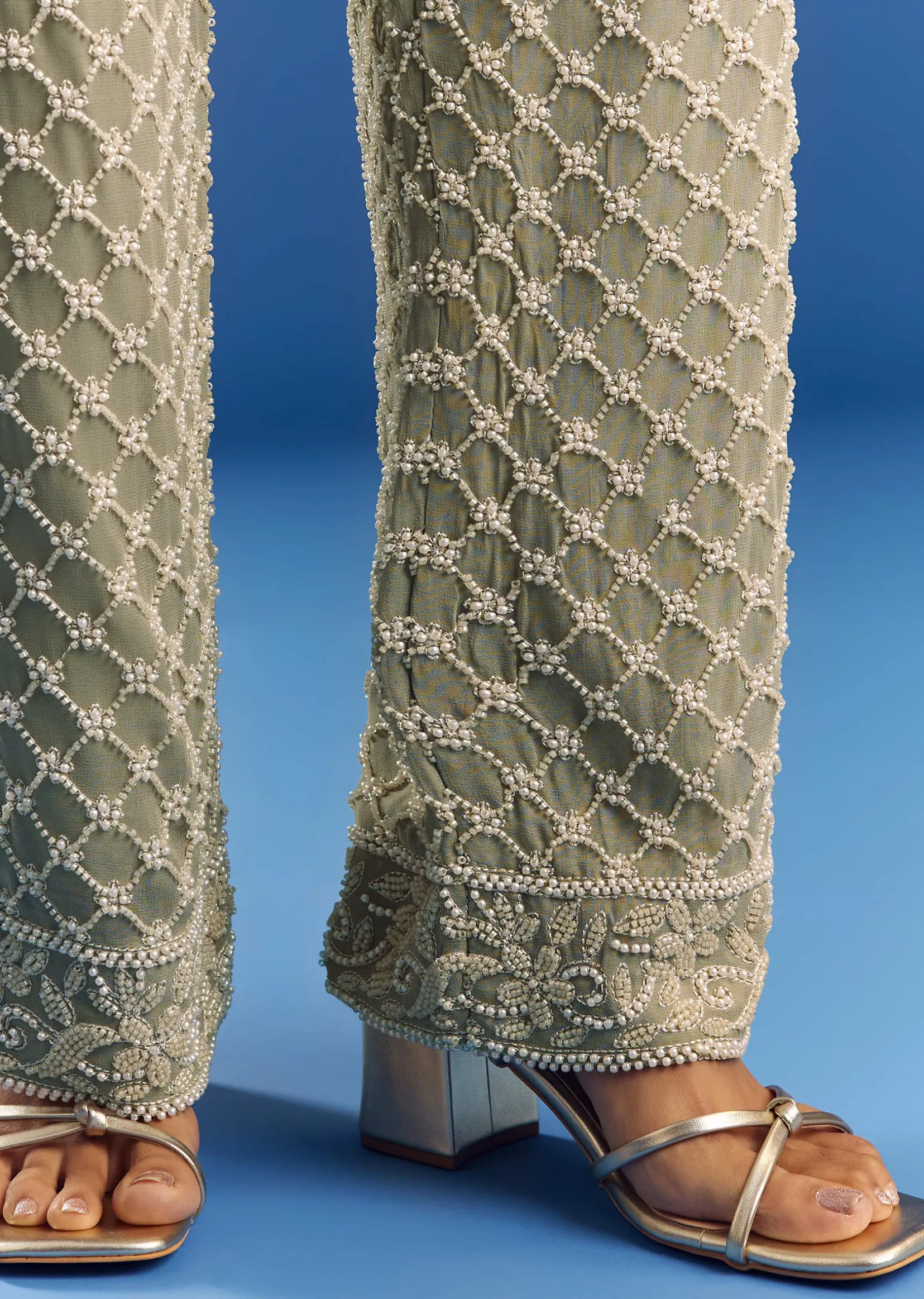 Green Beaded Kurta Pant Set With Dupatta In Georgette