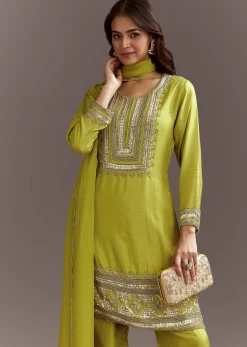 Green Beads And Sequins Work Kurta Set With Organza Dupatta