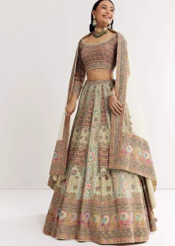 Green Beige Georgette Printed Lehenga With Scoop Neckline And Net Dupatta