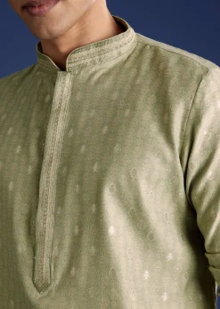Green Benaras Jacquard Kurta Set With Print