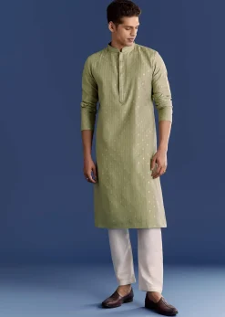 Green Benaras Jacquard Kurta Set With Print