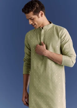 Green Benaras Jacquard Kurta Set With Print