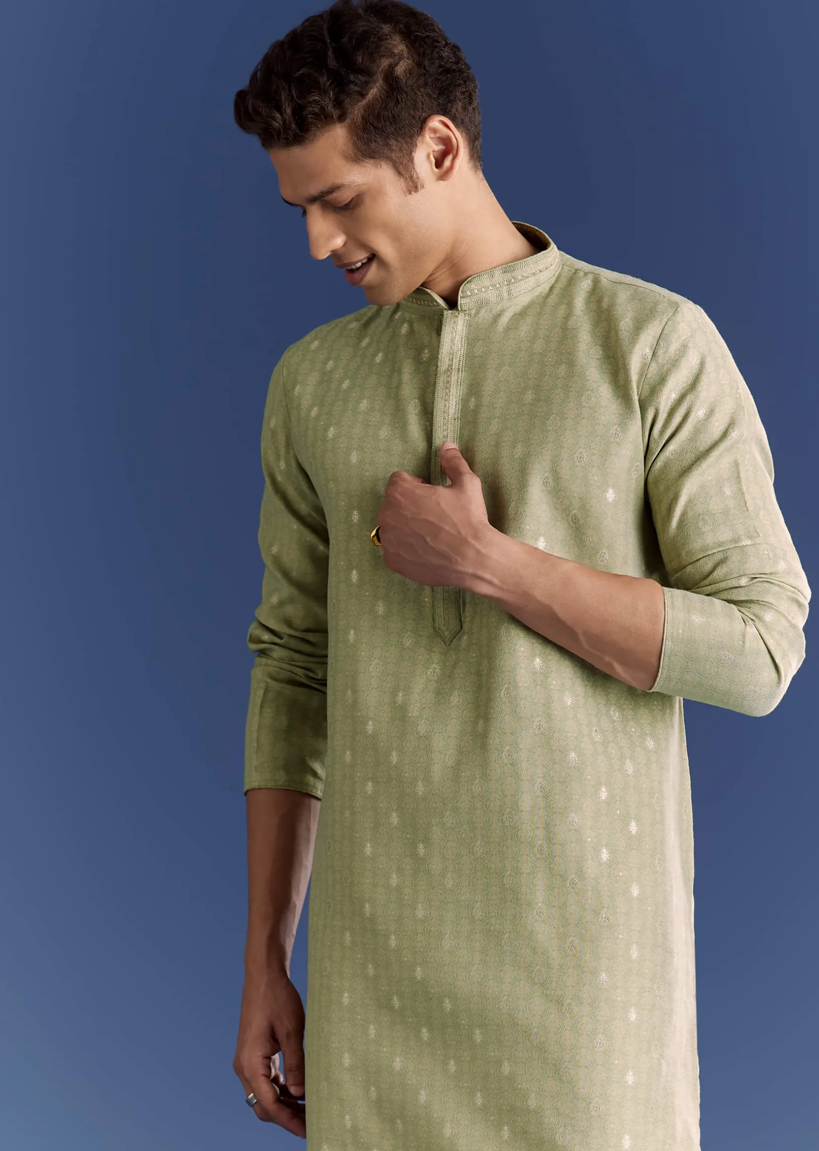 Green Benaras Jacquard Kurta Set With Print