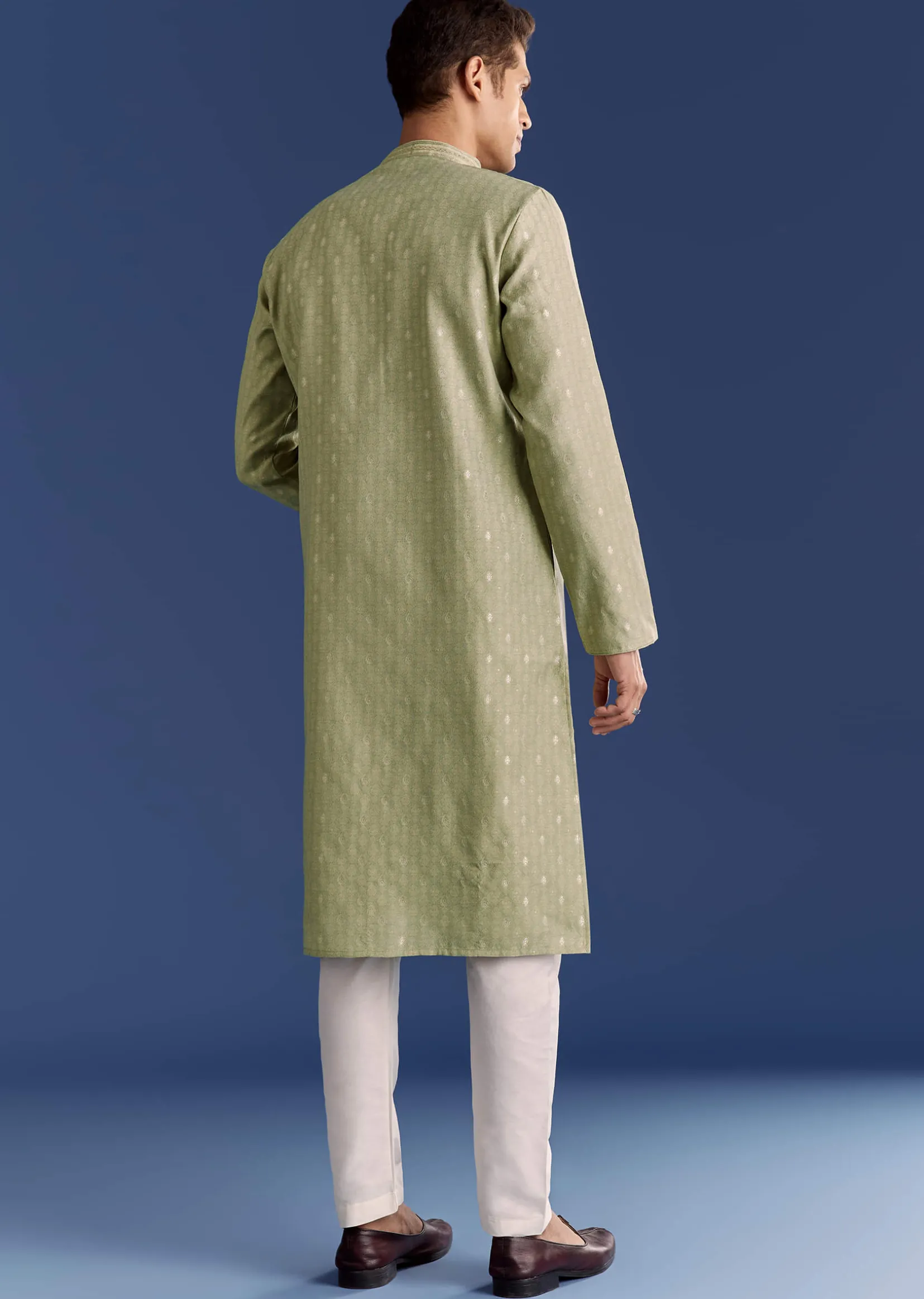 Green Benaras Jacquard Kurta Set With Print
