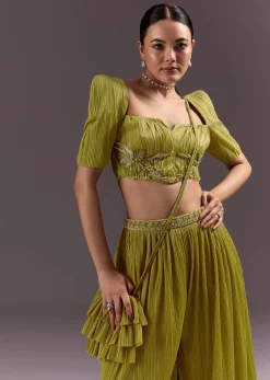 Green Blouse Palazzo Suit With Hand Embroidery And Sling Bag