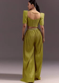 Green Blouse Palazzo Suit With Hand Embroidery And Sling Bag