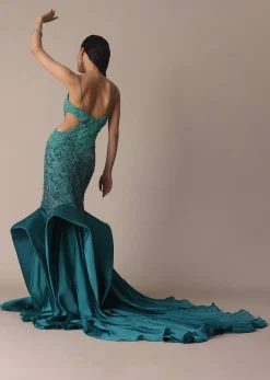 Green Blue Ombre Zardosi Fishcut Draped Gown