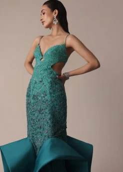 Green Blue Ombre Zardosi Fishcut Draped Gown