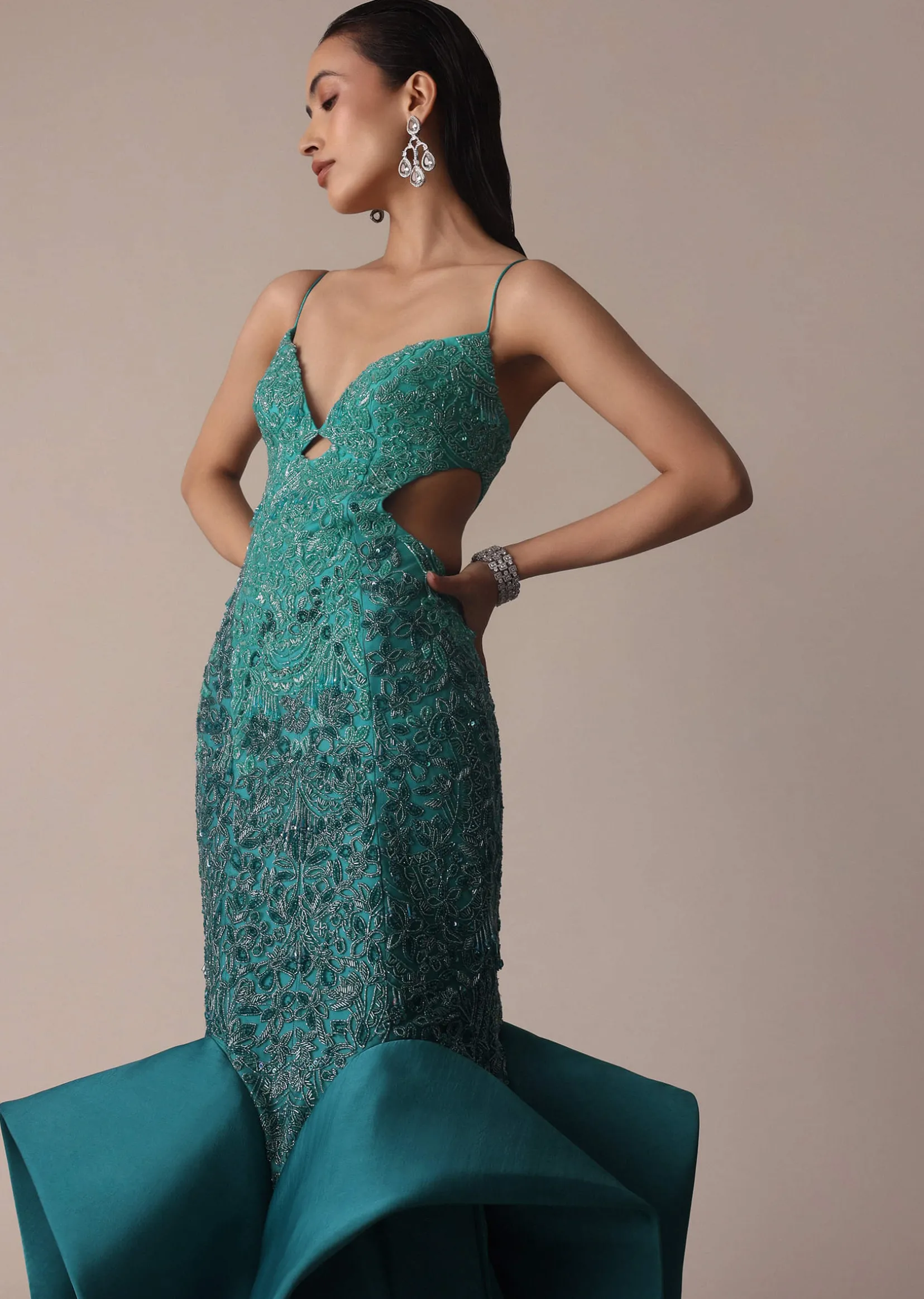 Green Blue Ombre Zardosi Fishcut Draped Gown