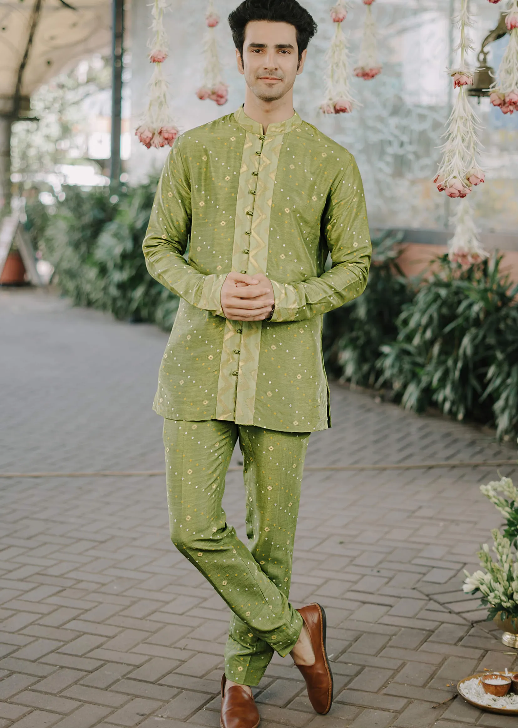 Green Brocade Kurta And Pant Co-ord Set