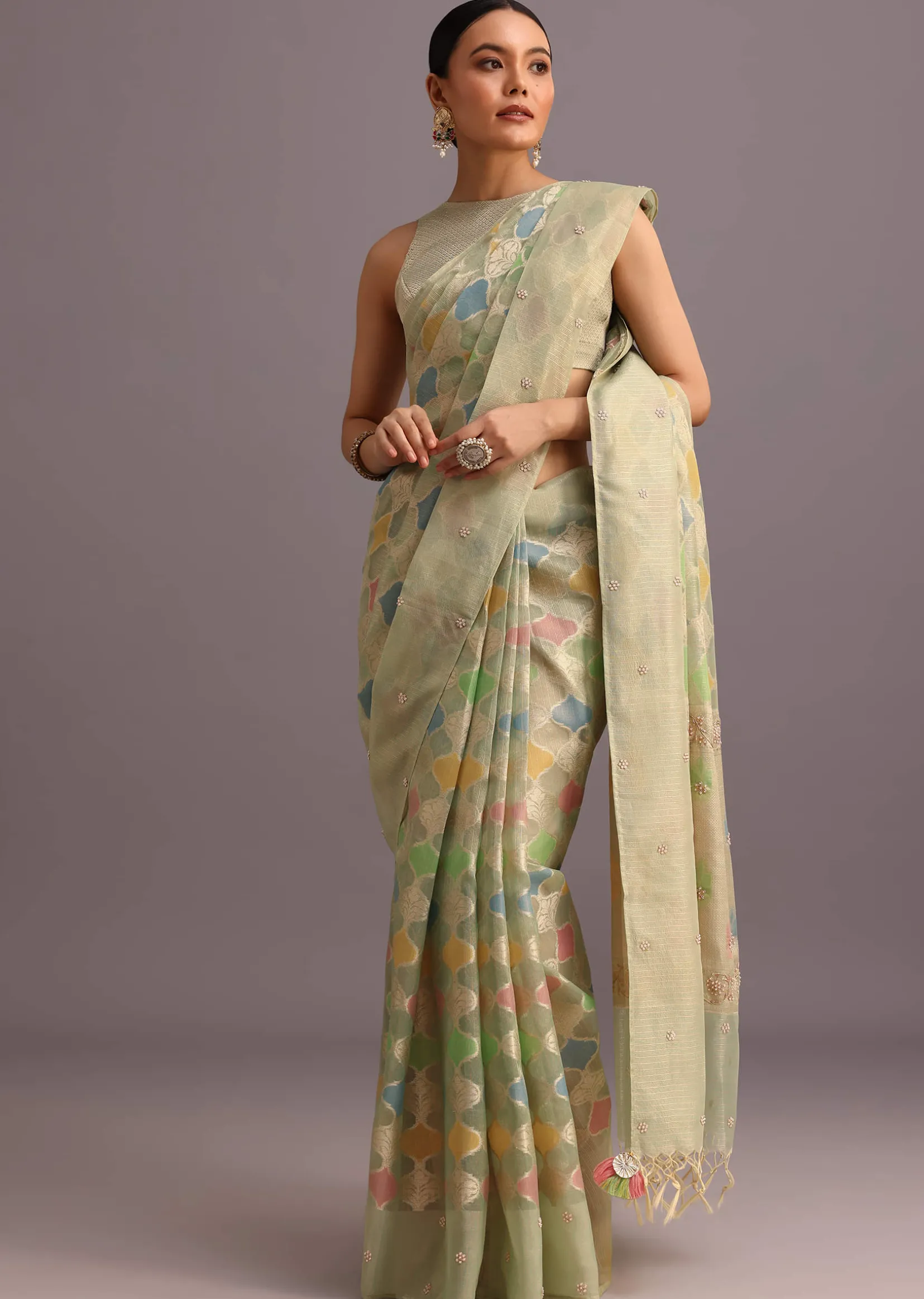 Green Chanderi Tissue Zardosi Embroidered Saree With Unstitched Blouse