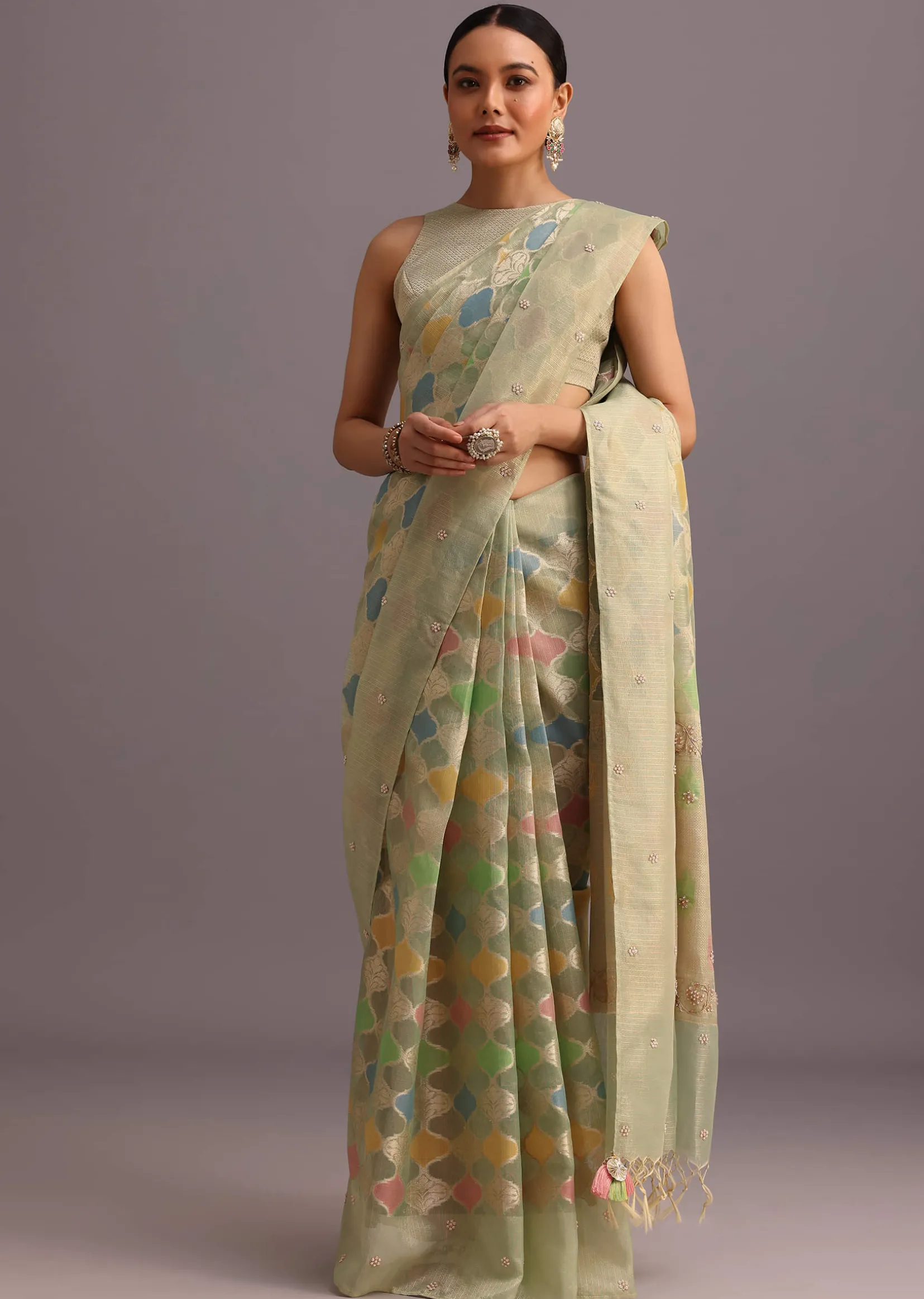 Green Chanderi Tissue Zardosi Embroidered Saree With Unstitched Blouse
