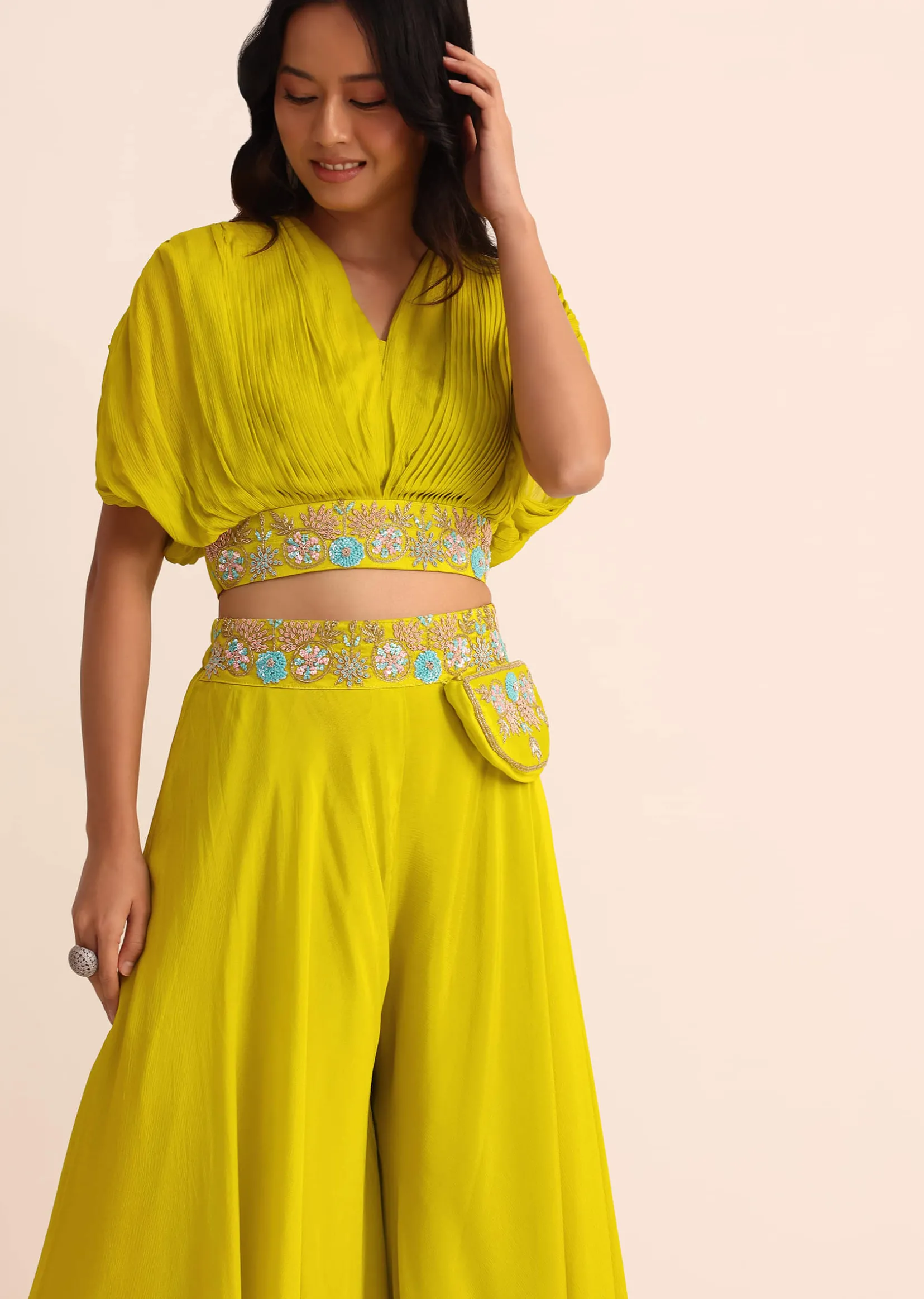 Green Chiffon Crop Top And Palazzo With Resham Work
