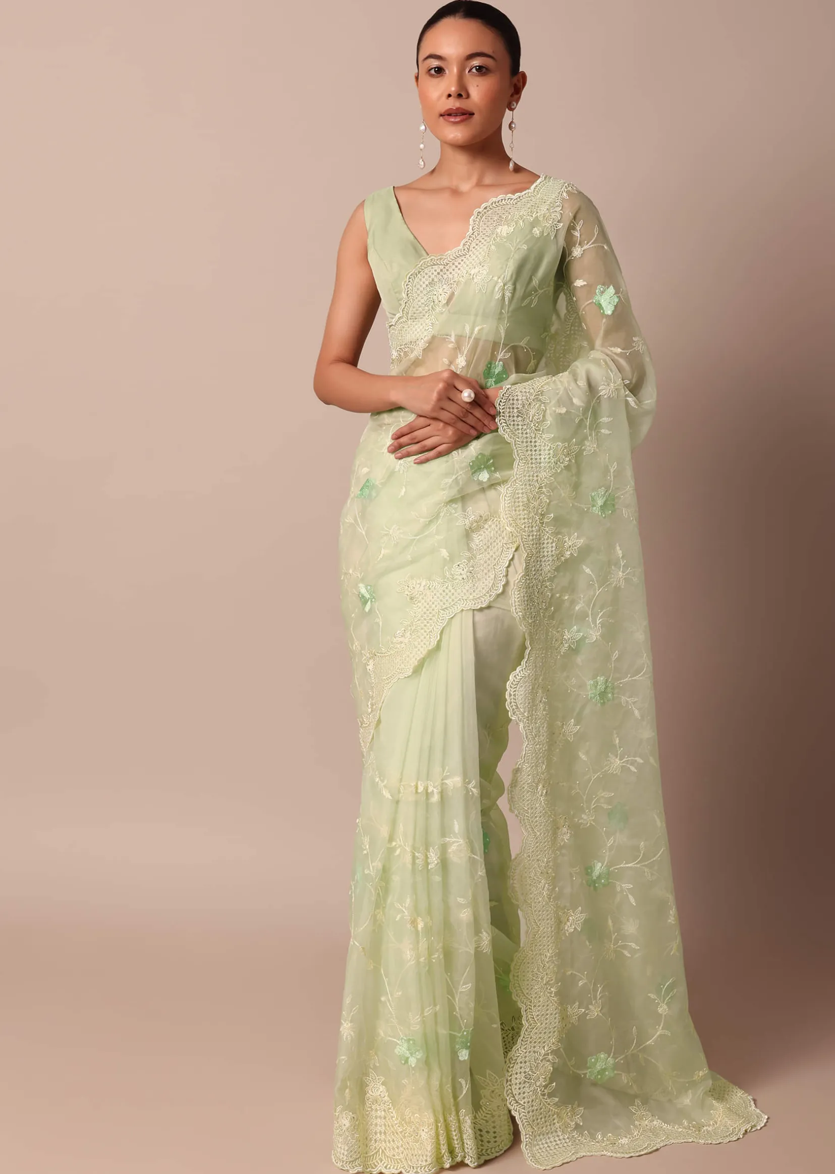 Green Chikankari Saree In Organza Silk With Resham Floral Jaal And Unstitched Blouse Fabric
