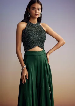 Green Chinon Crop Top Set With Sequins Work And Dupatta