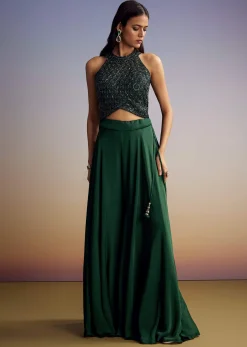 Green Chinon Crop Top Set With Sequins Work And Dupatta