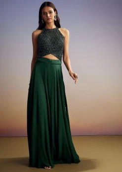 Green Chinon Crop Top Set With Sequins Work And Dupatta