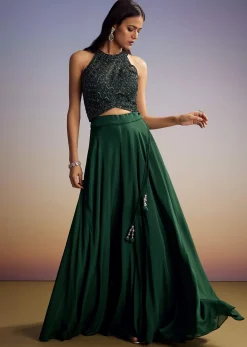 Green Chinon Crop Top Set With Sequins Work And Dupatta