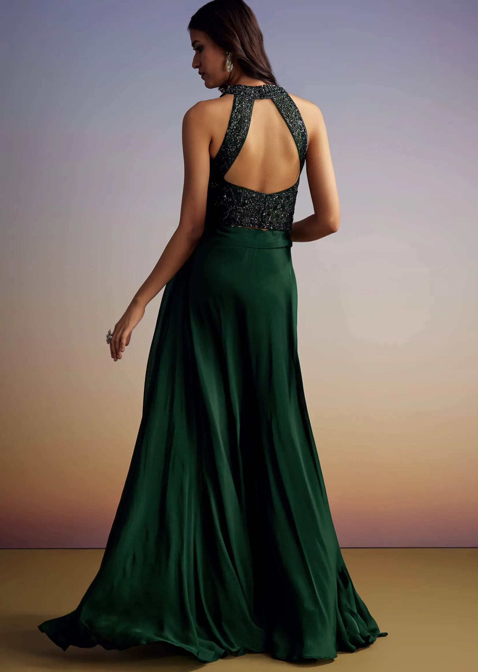 Green Chinon Crop Top Set With Sequins Work And Dupatta