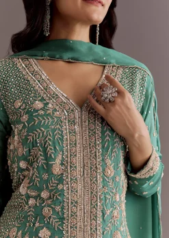 Green Chinon Cudtana Embroidered Kurta Palazzo Suit