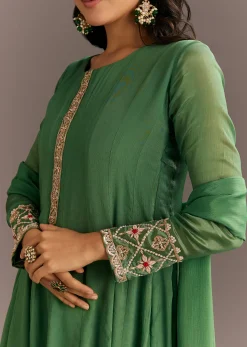 Green Chinon Kurta With Zardosi Moti Work On Neckline And Sleeves