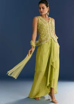 Green Chinon Moti Embroidered Kurta Skirt With Dupatta