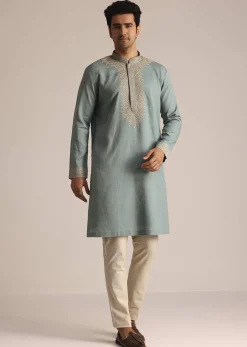 Green Cotton Embroidered Kurta Set