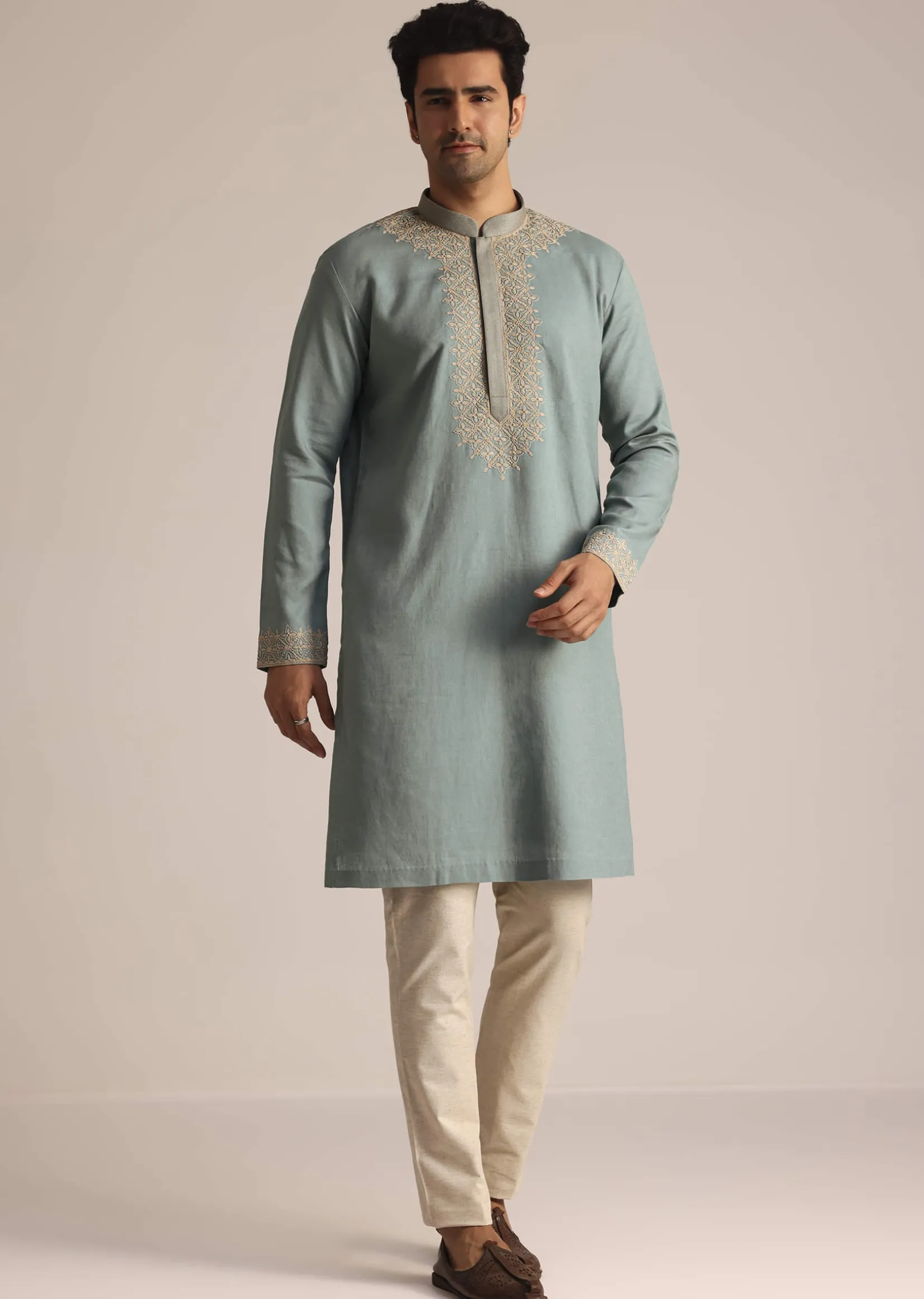 Green Cotton Embroidered Kurta Set