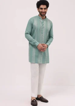 Green Cotton Kurta Set With Resham Work For Men