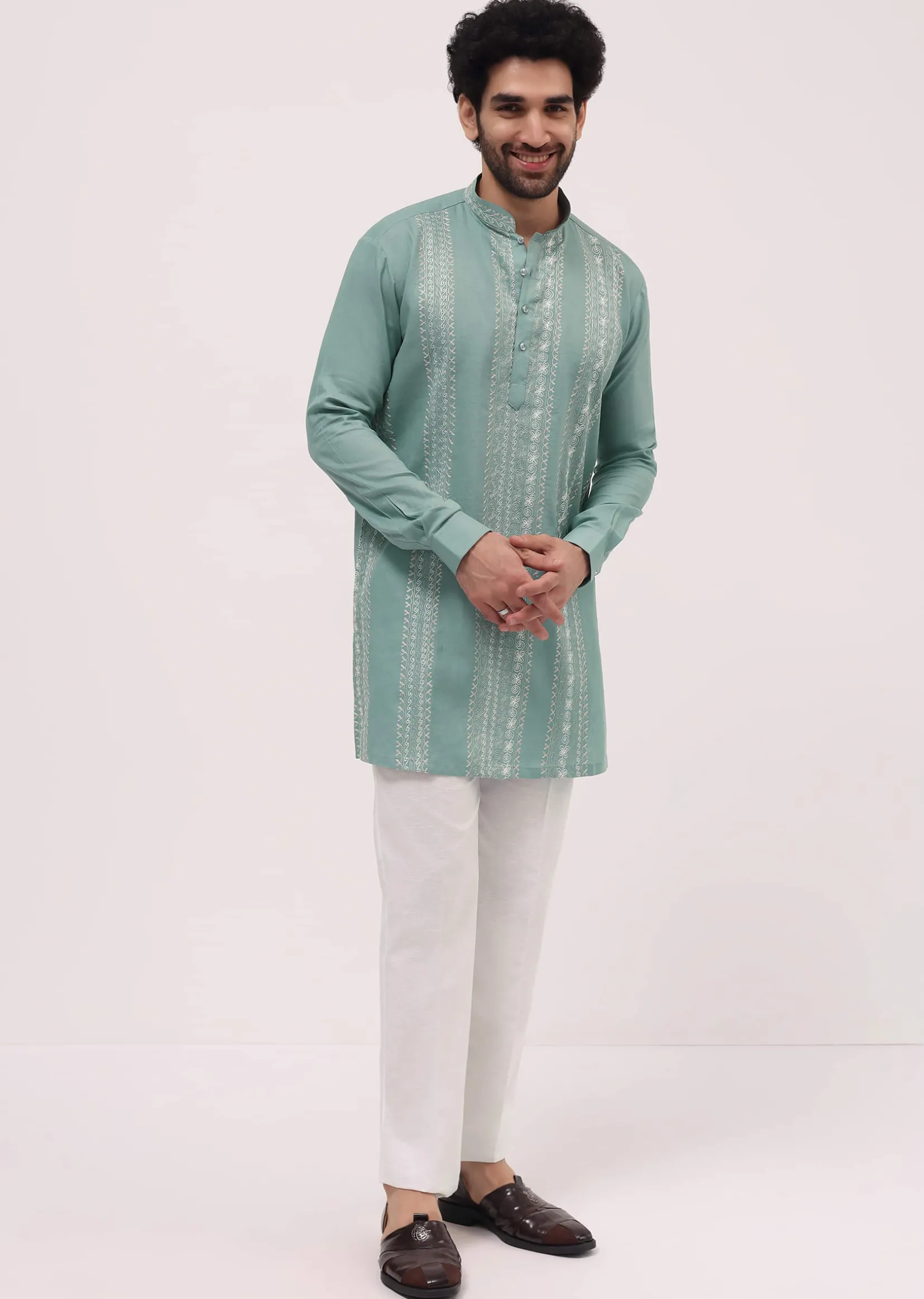 Green Cotton Kurta Set With Resham Work For Men