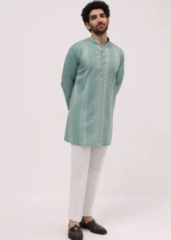 Green Cotton Kurta Set With Resham Work For Men