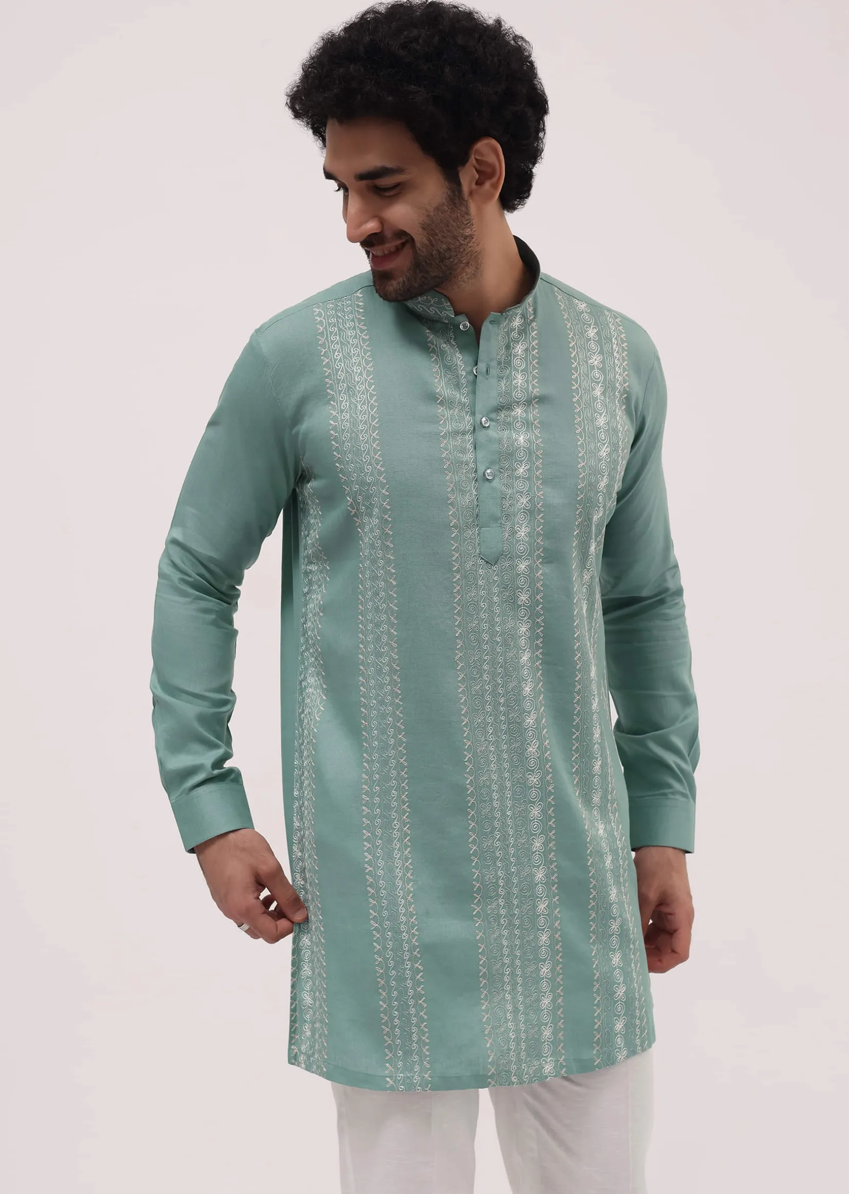 Green Cotton Kurta Set With Resham Work For Men