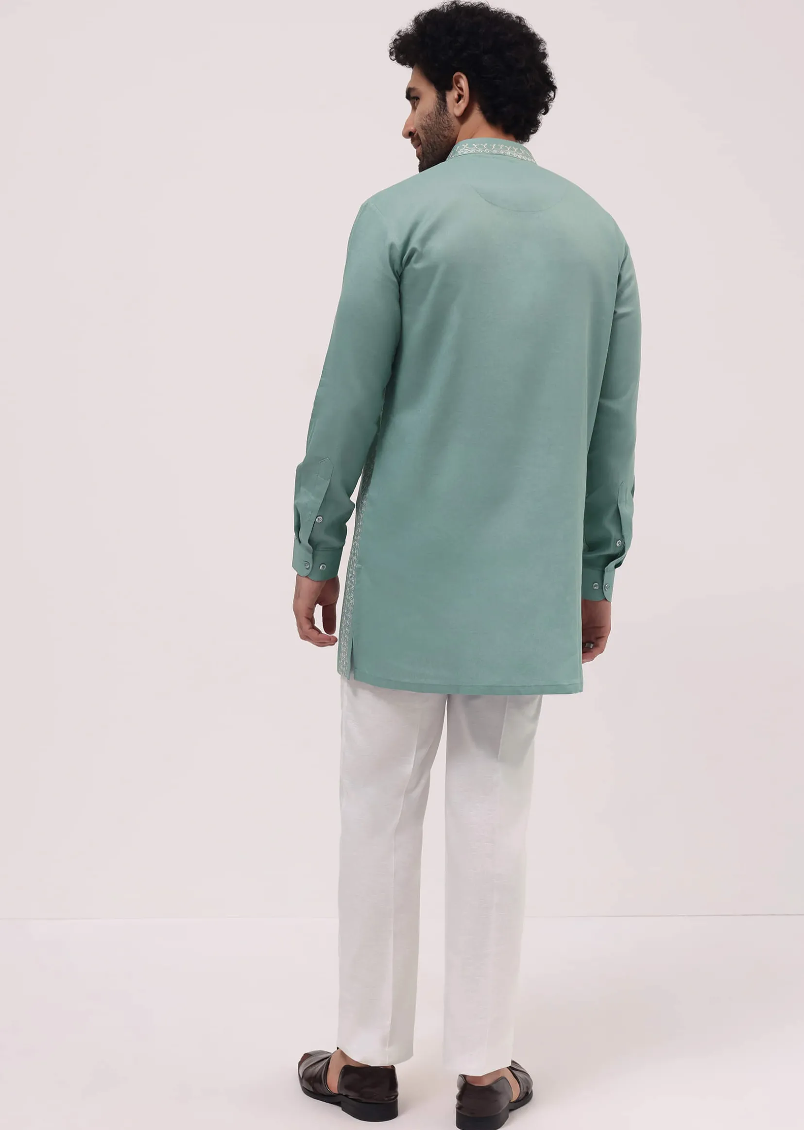 Green Cotton Kurta Set With Resham Work For Men