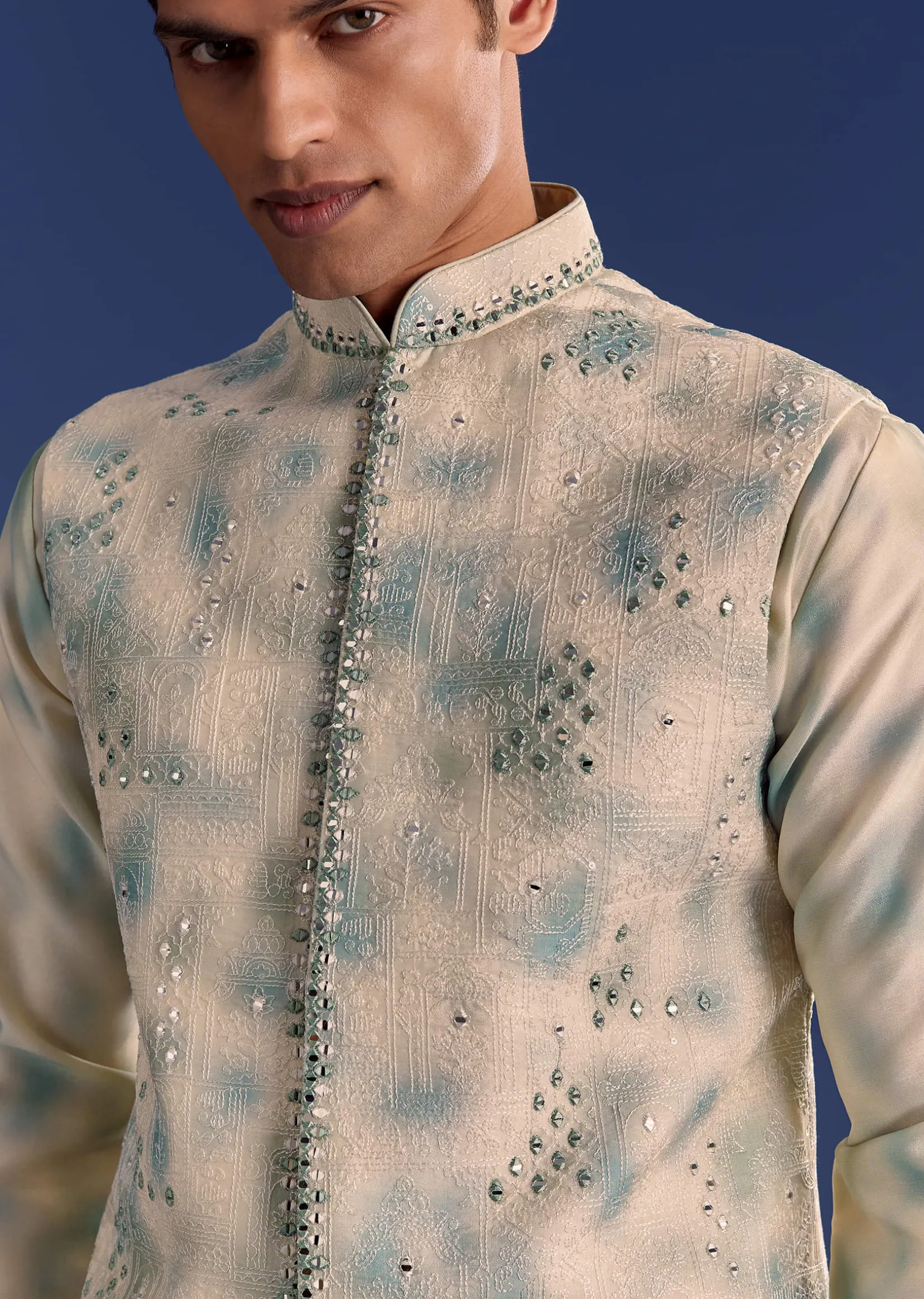 Green Cotton Silk Mirrowork Kurta Jacket Set With Tie Dye Print