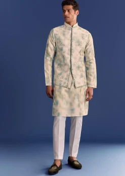 Green Cotton Silk Mirrowork Kurta Jacket Set With Tie Dye Print