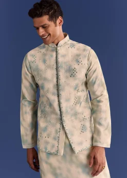 Green Cotton Silk Mirrowork Kurta Jacket Set With Tie Dye Print
