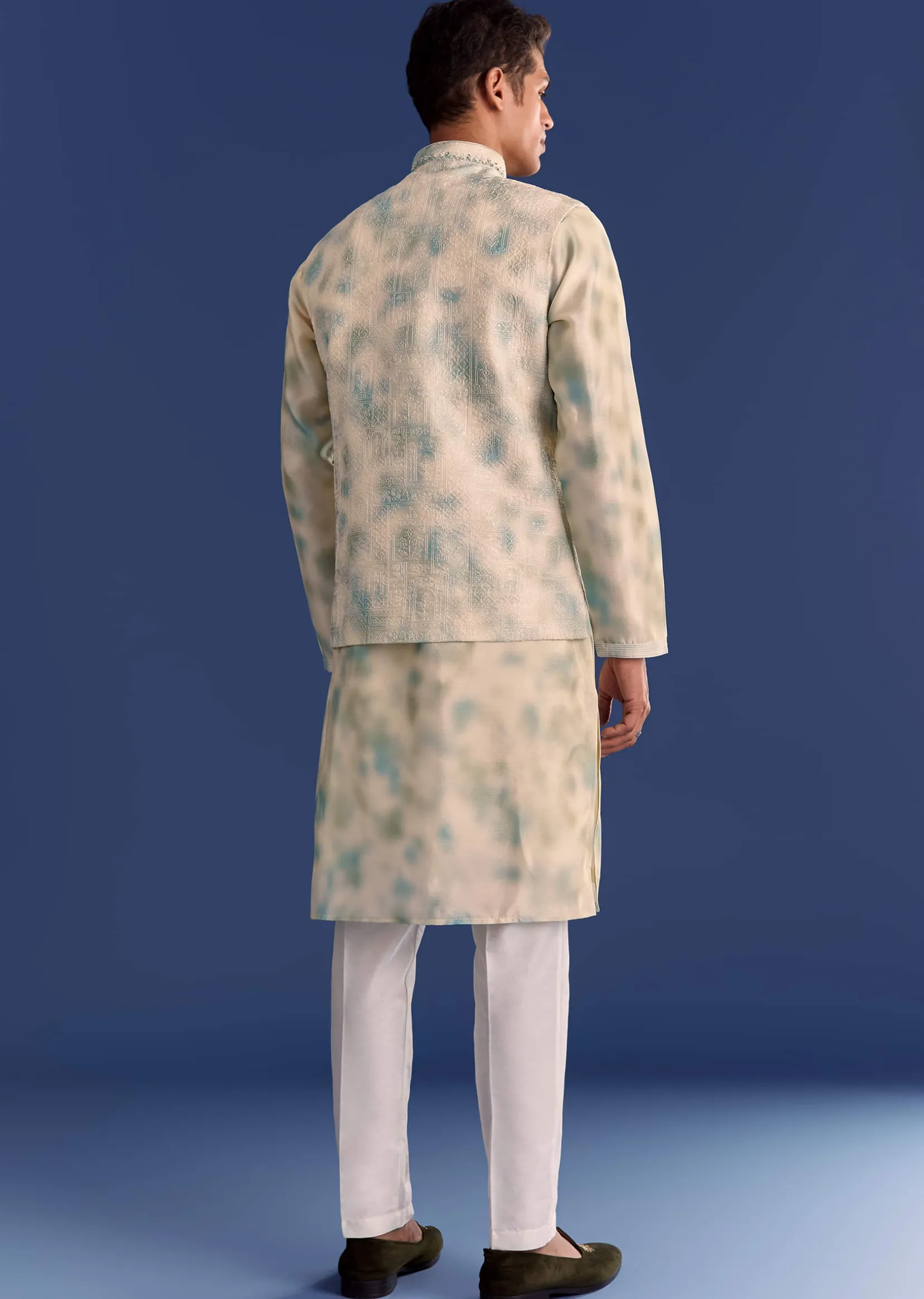 Green Cotton Silk Mirrowork Kurta Jacket Set With Tie Dye Print